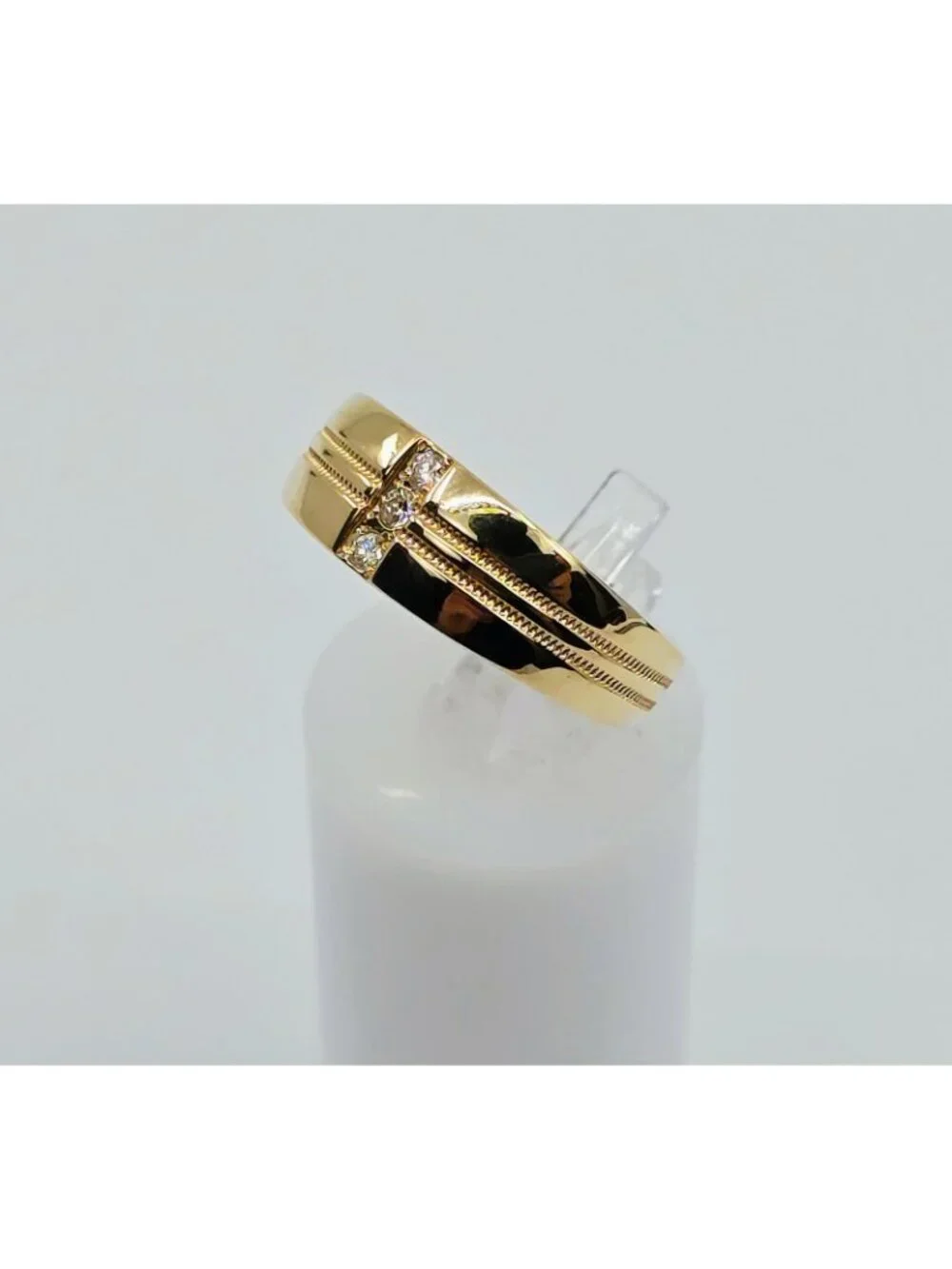 Unique 14K Solid Yellow Gold Designer Vertical Row 3 Diamond Ring Band Size 7.25